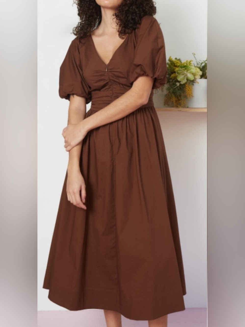 STAUD Brown Puff-Sleeve Midi Dress